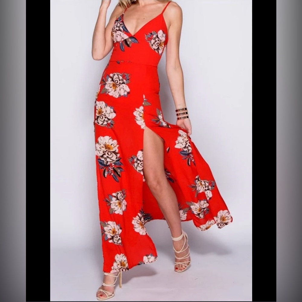 Parisian Red Floral Print Double Thigh Split Maxi Dress